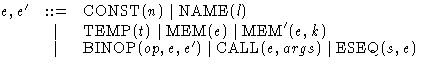 $ \begin{array}
{@{\hspace{0ex}}lcl}
e, e' & ::= & \mbox{CONST}(n) \mid \mbox{NA...
 ...x{BINOP}(op, e, e') \mid \mbox{CALL}(e, args) \mid \mbox{ESEQ}(s, e)\end{array}$