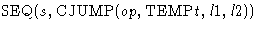 $\mbox{SEQ}(s, \mbox{CJUMP}(op,\mbox{TEMP}t,l1,l2))$